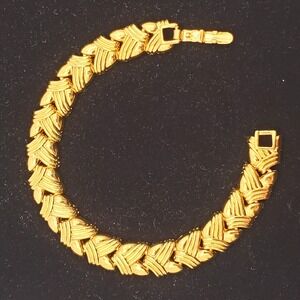 Monet Bracelet Gold Tone Textured Chevron Link Vintage 1990s Designer Statement